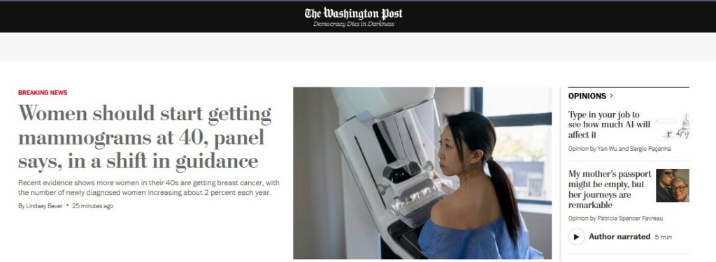 Washington Post Article on Women recommended to do mammography check from the age of 40 years.